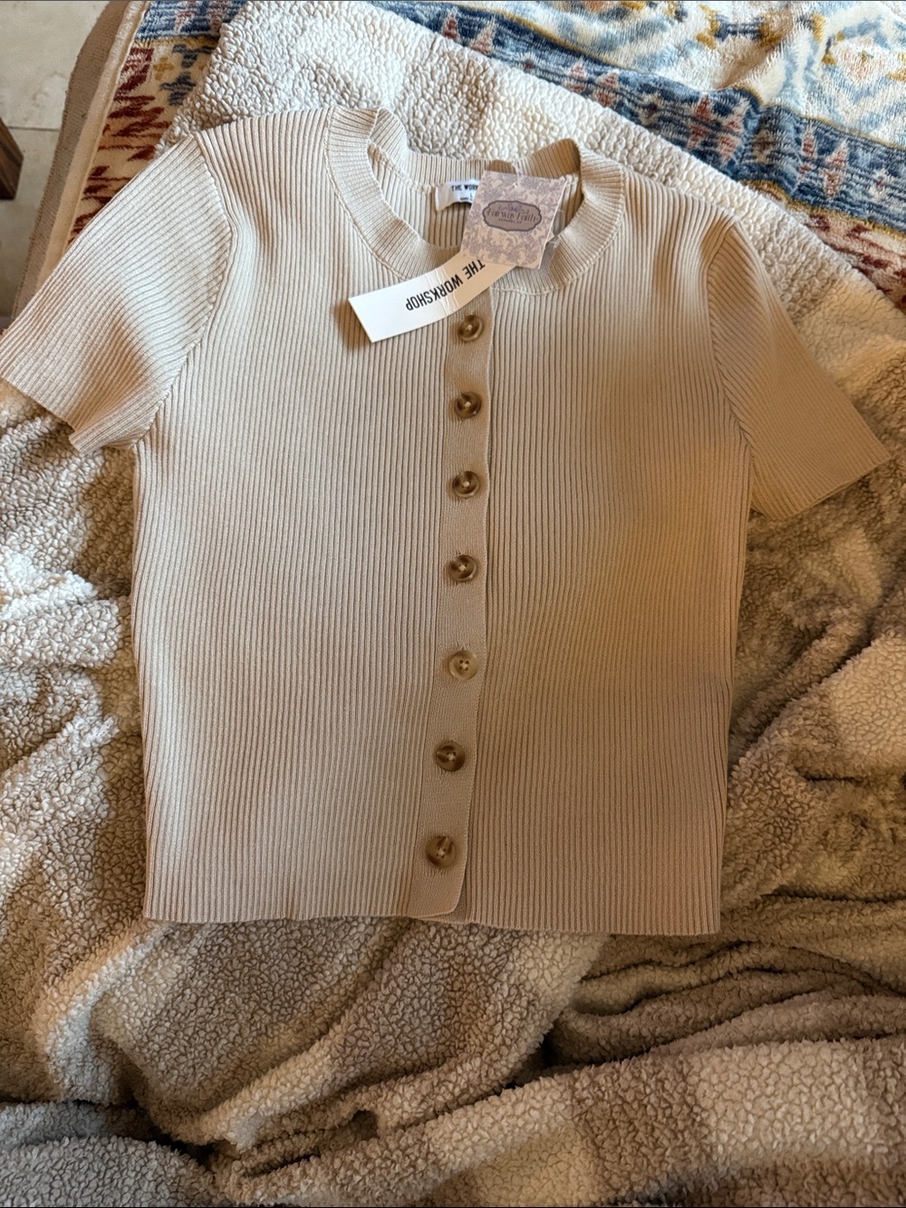 Beige Ribbed Button-Front Top